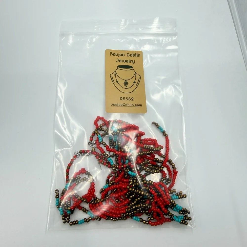 VTG Beaded Fringe Hoop Earrings Coral Red Turquoise Tone Festive Southwestern